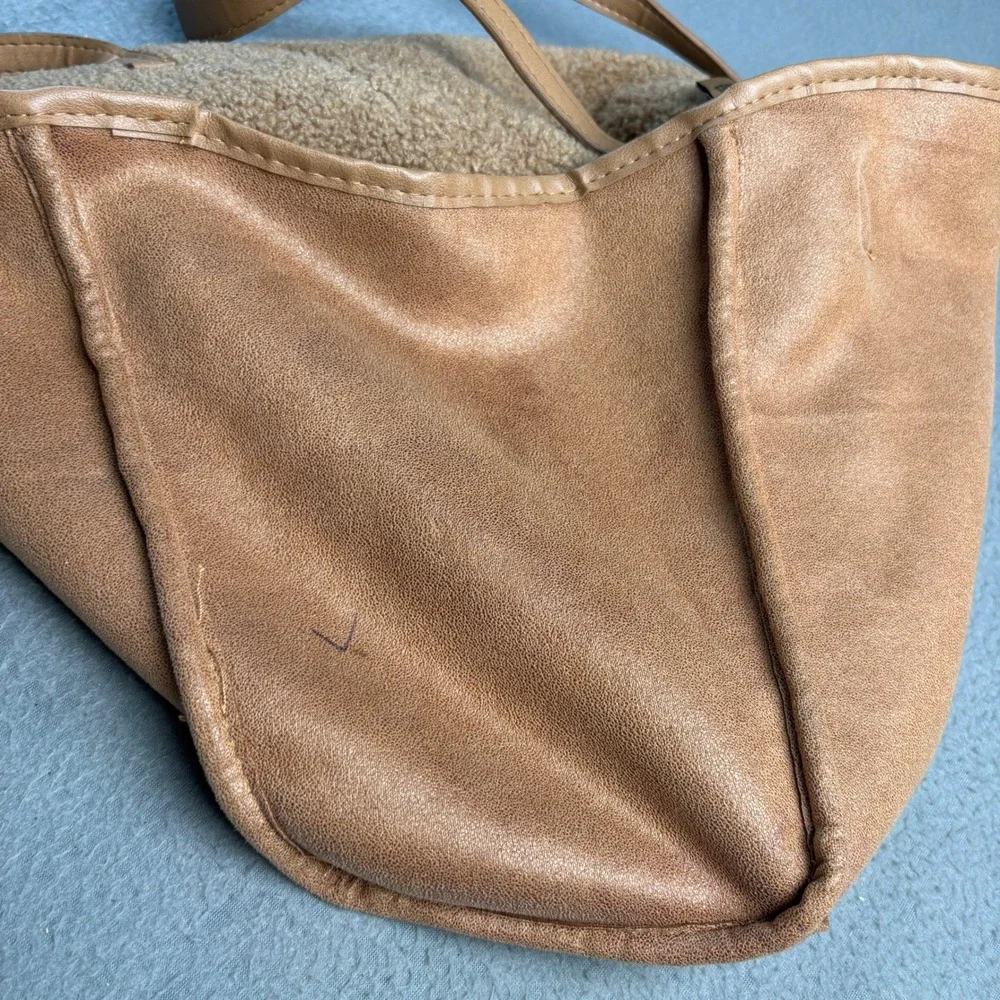 Neiman Marcus Faux Shearling Sherpa Tote Bag Camel Tan Brown Shoulder Bag